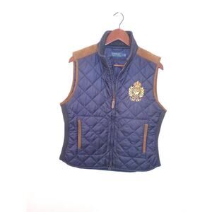 Women's Polo Ralph Lauren Large Quilted Vest Navy Riding Crest Suede Old Money